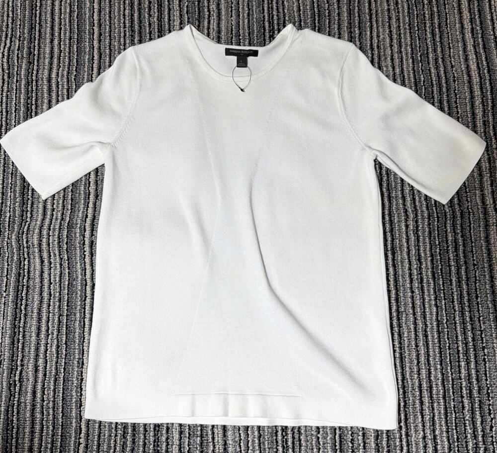 Banana Republic Womens L Ribbed Knit White Short Sleeve Top NWOT